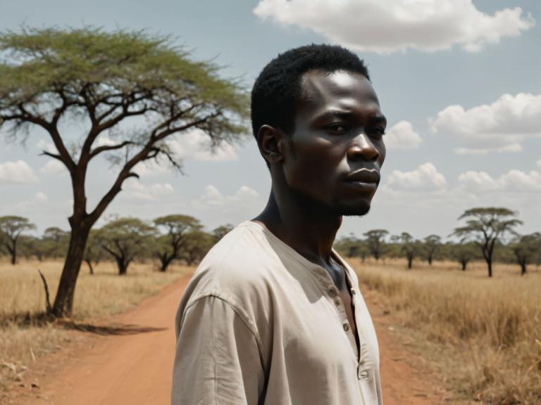 Photographic Art,Photographic Art , People, man, 1boy, male focus, solo, realistic, tree, cloud, dark skin