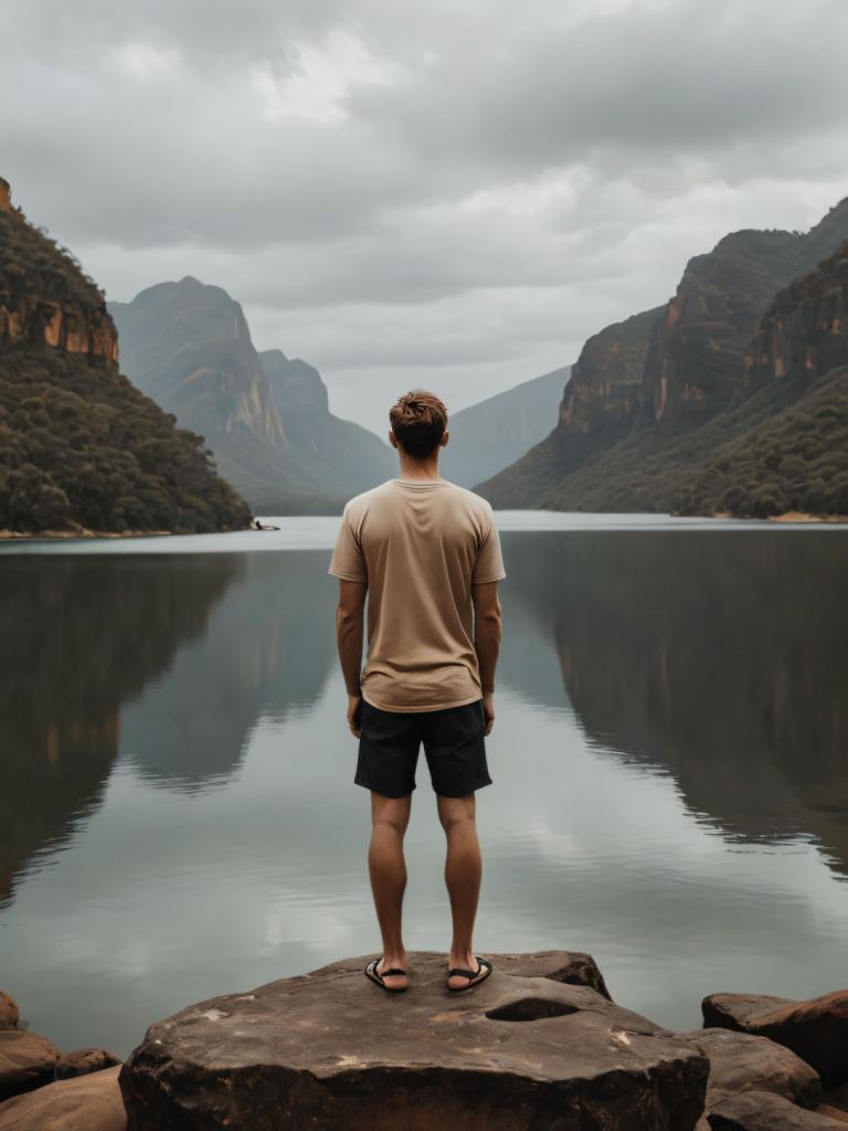 Photographic Art,Photographic Art , People, man, 1boy, male focus, solo, shirt, cloud, outdoors, sandals, sky