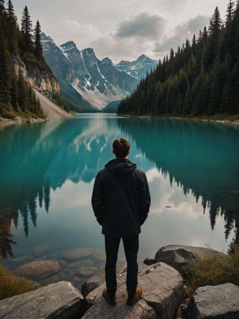 Photographic Art,Photographic Art , People, man, outdoors, 1boy, solo, tree, male focus, cloud, reflection