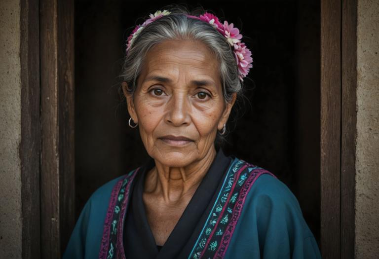 写真芸術,写真芸術, 人物, 女性, 老婦人, 古い, ソロ, 1女の子, イヤリング, ジュエリー, 髪飾り, 灰色の髪の毛, 現実的な, 花, 髪の花, 茶色の目, 視聴者を見ている, 老人, しわのある肌