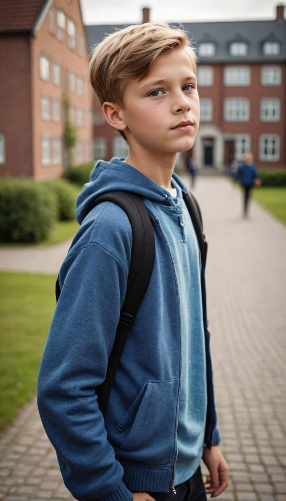 Face Swap, Campus Style, Photographic Art , People, boy, campus style, 1boy, male focus, hood, realistic, blonde hair, outdoors, hoodie, blurry, blurry background, bag, backpack, blue eyes, looking at viewer, solo, jacket, pants, day, building, lips