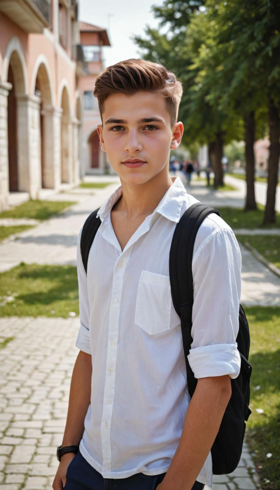 Photographic Art,Photographic Art , People, boy, campus style, 1boy, male focus, outdoors, shirt, solo, bag