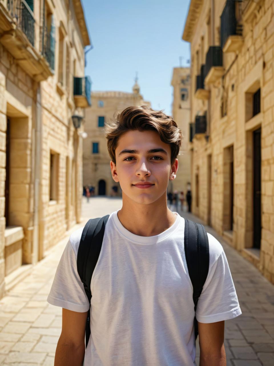 Photographic Art,Photographic Art , People, boy, campus style, shirt, backpack, 1boy, white shirt, outdoors