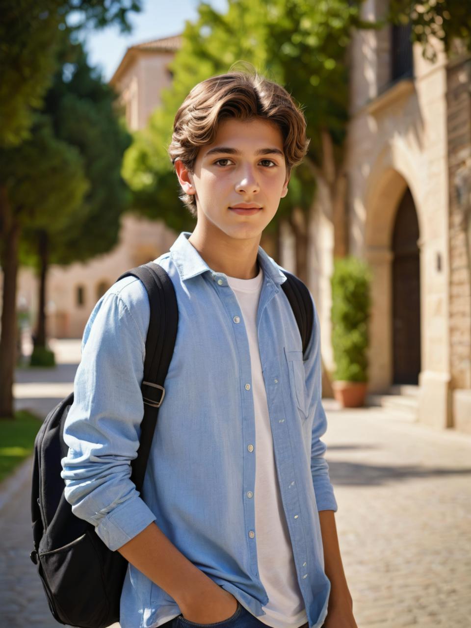 Photographic Art,Photographic Art , People, boy, campus style, 1boy, solo, backpack, outdoors, male focus