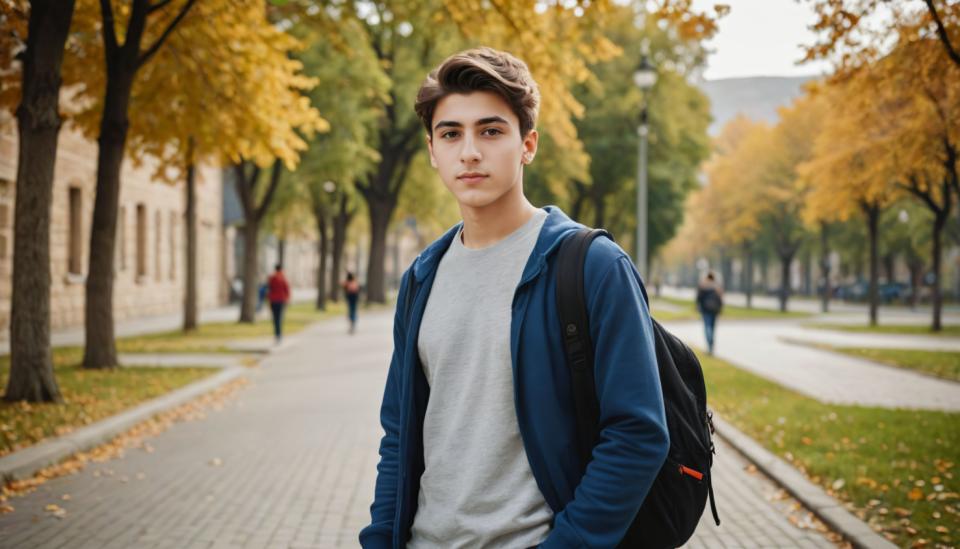 Face Swap, Campus Style, Photographic Art , People, boy, campus style, outdoors, 1girl, tree, bag, realistic, blue jacket, jacket, backpack, short hair, brown hair, looking at viewer, shirt, solo focus, white shirt, autumn leaves, road, hands in pockets, blurry, blurry background, brown eyes, leaf, street, day, lips