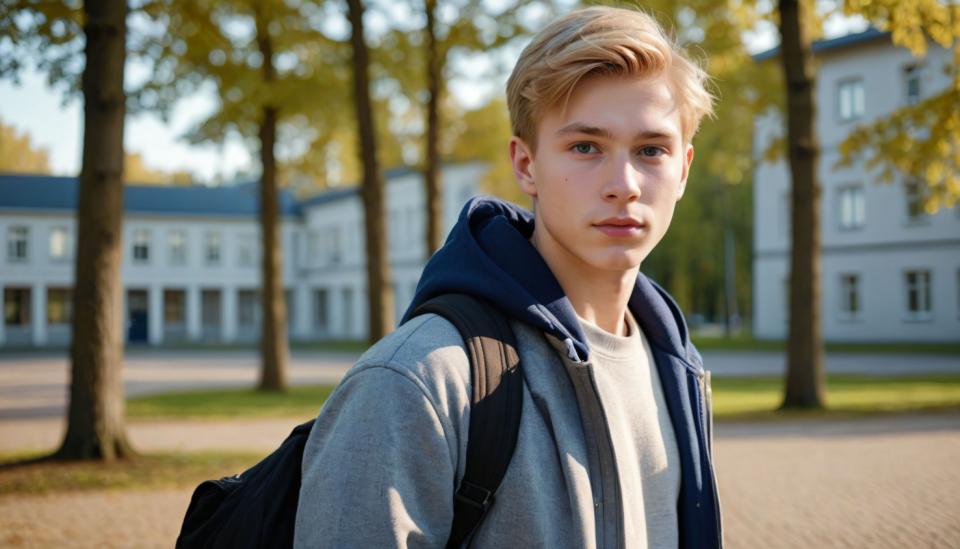 Photographic Art,Photographic Art , People, boy, campus style, solo, blonde hair, backpack, 1boy, male focus