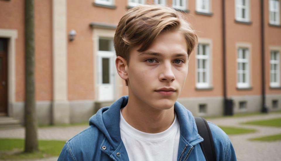 Face Swap, Campus Style, Photographic Art , People, boy, campus style, solo, realistic, 1boy, male focus, blonde hair, jacket, denim jacket, outdoors, blue jacket, shirt, blurry background, blurry, white shirt, blue eyes, looking at viewer, short hair, denim, upper body, day, bag