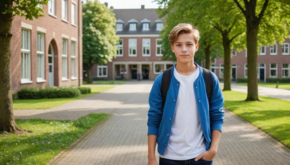 Arc Csere, Campus Style, Photographic Art , People, boy, campus style, 1boy, male focus, outdoors, tree, solo, shirt, jacket, white shirt, pants, looking at viewer, day, blonde hair, backpack, hand in pocket, realistic, bag, blue jacket, smile, grass, building, brown hair, short hair, road, black pants, standing