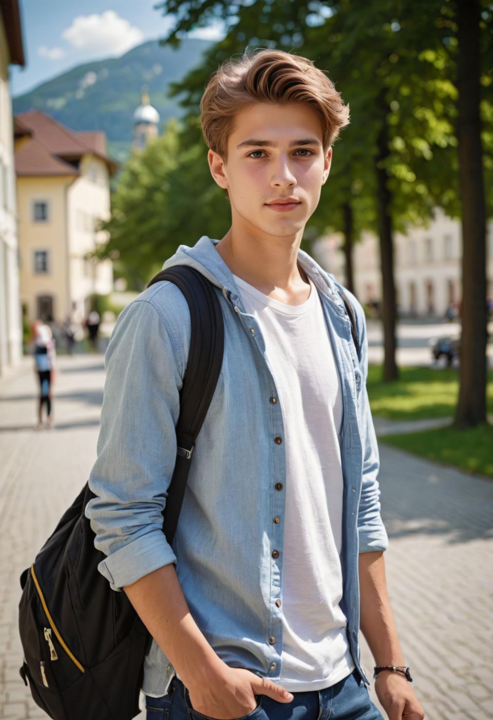 Face Swap, Campus Style, Photographic Art , People, boy, campus style, outdoors, 1boy, male focus, bag, shirt, pants, blurry background, denim, blurry, white shirt, watch, backpack, tree, looking at viewer, day, bracelet, wristwatch, jacket, brown hair, solo, short hair, jewelry, realistic, jeans, brown eyes, sky