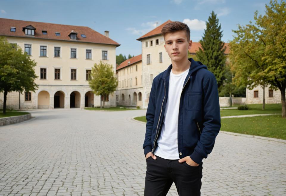 Gesichtstausch, Campus-Stil, Fotokunst, Menschen, Junge,Campus-Stil, 1Junge, männlicher Fokus, draußen, Baum, Solo, Hemd, Hose, Jacke, Hände in den Taschen, schwarze Hose, blaue Jacke, weißes Hemd, Tag, realistisch, Himmel, Blick auf den Betrachter, Gebäude, braune Haare, Haube, Wolke, kurze Haare, Tasche, offene Kleidung, offene Jacke, Denim