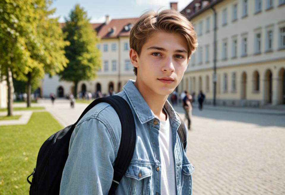 Photographic Art,Photographic Art , People, boy, campus style, backpack, outdoors, denim jacket, bag, 1boy