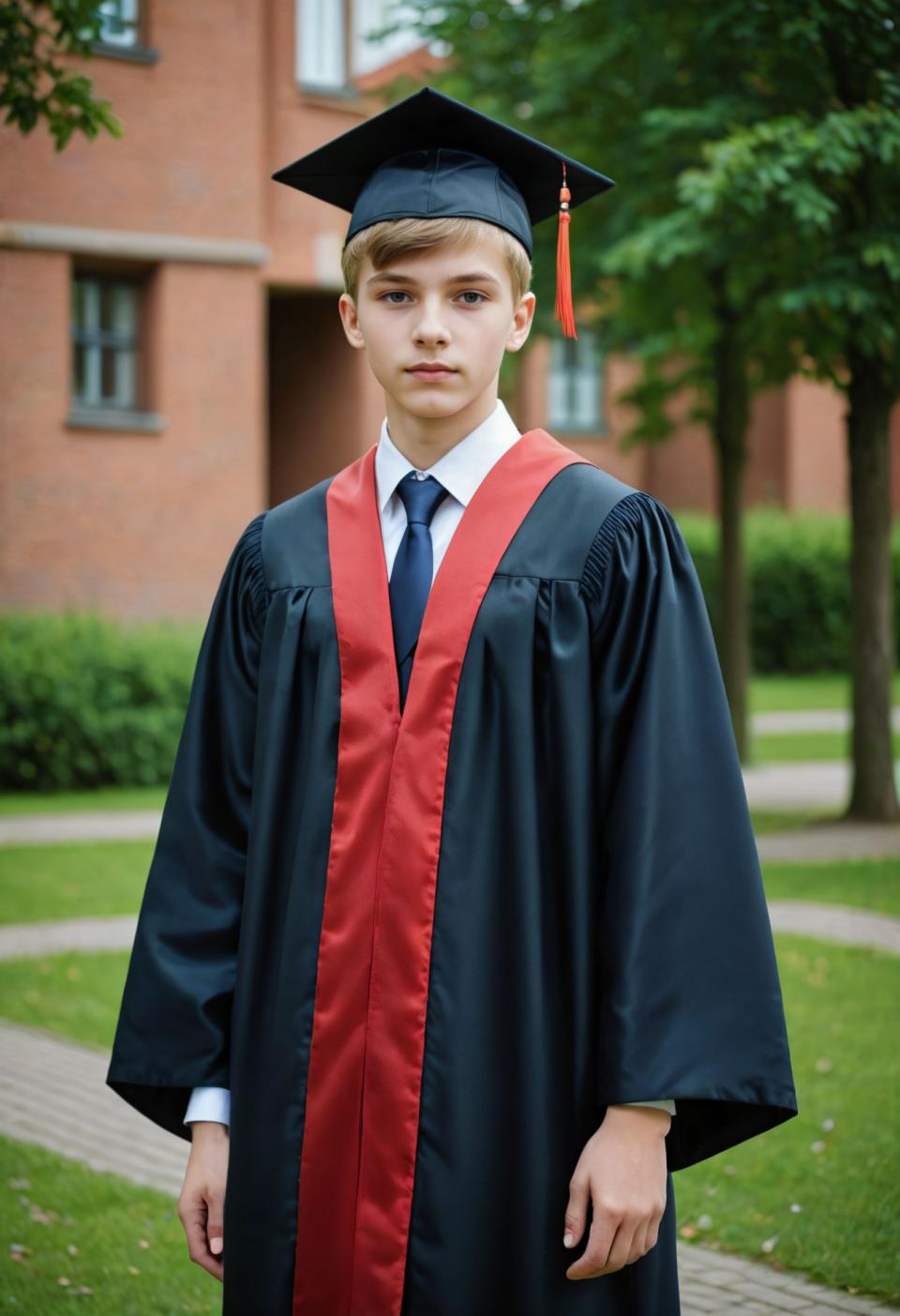 Face Swap, Campus Style, Photographic Art , People, boy, campus style, 1boy, male focus, necktie, solo, hat, blue necktie, outdoors, looking at viewer, blurry, blurry background, blonde hair, shirt, tree, white shirt, korean clothes, collared shirt, long sleeves, grass, day, cosplay, standing, blue eyes, closed mouth