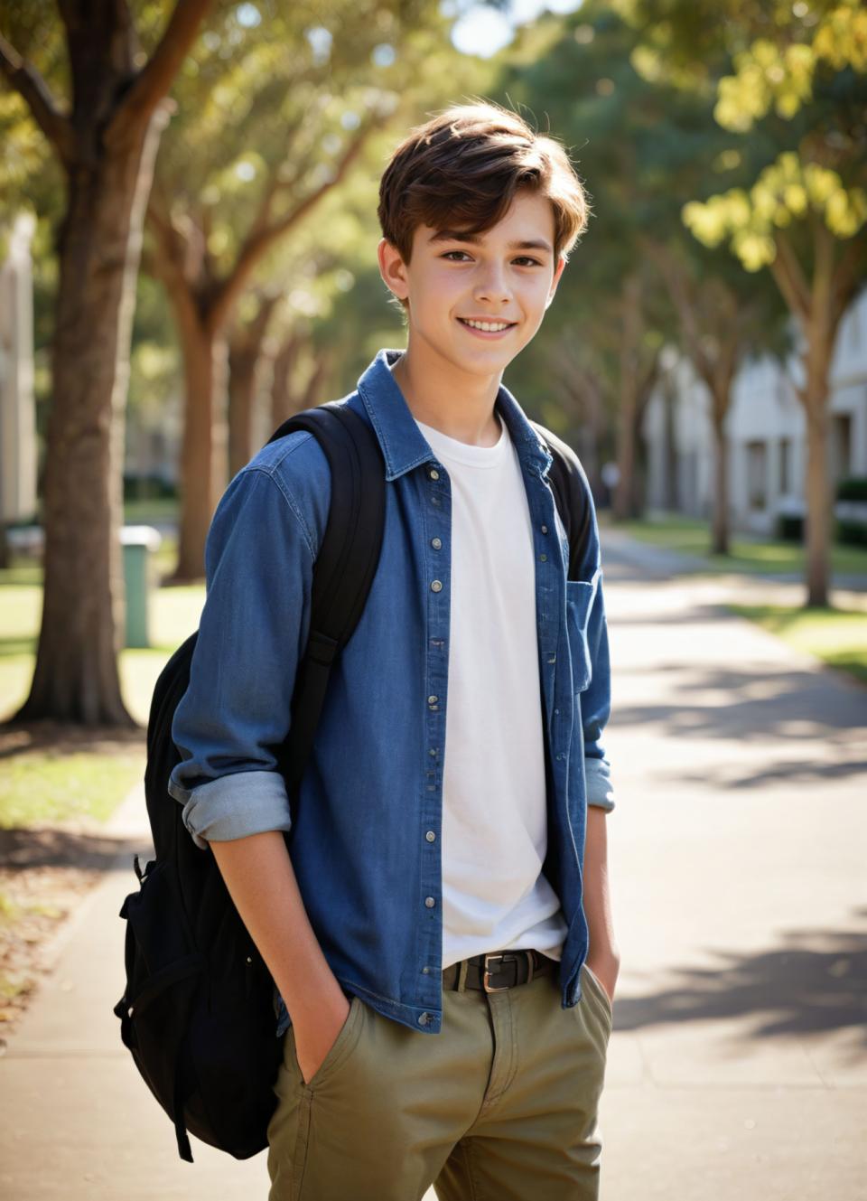 Face Swap, Campus Style, Photographic Art , People, boy, campus style, 1boy, male focus, outdoors, backpack, solo, shirt, smile, pants, bag, tree, belt, blurry background, white shirt, denim jacket, blurry, day, brown hair, jacket, looking at viewer, short hair, brown pants, realistic, hands in pockets, open clothes, blue jacket, denim, sleeves rolled up, standing, teeth