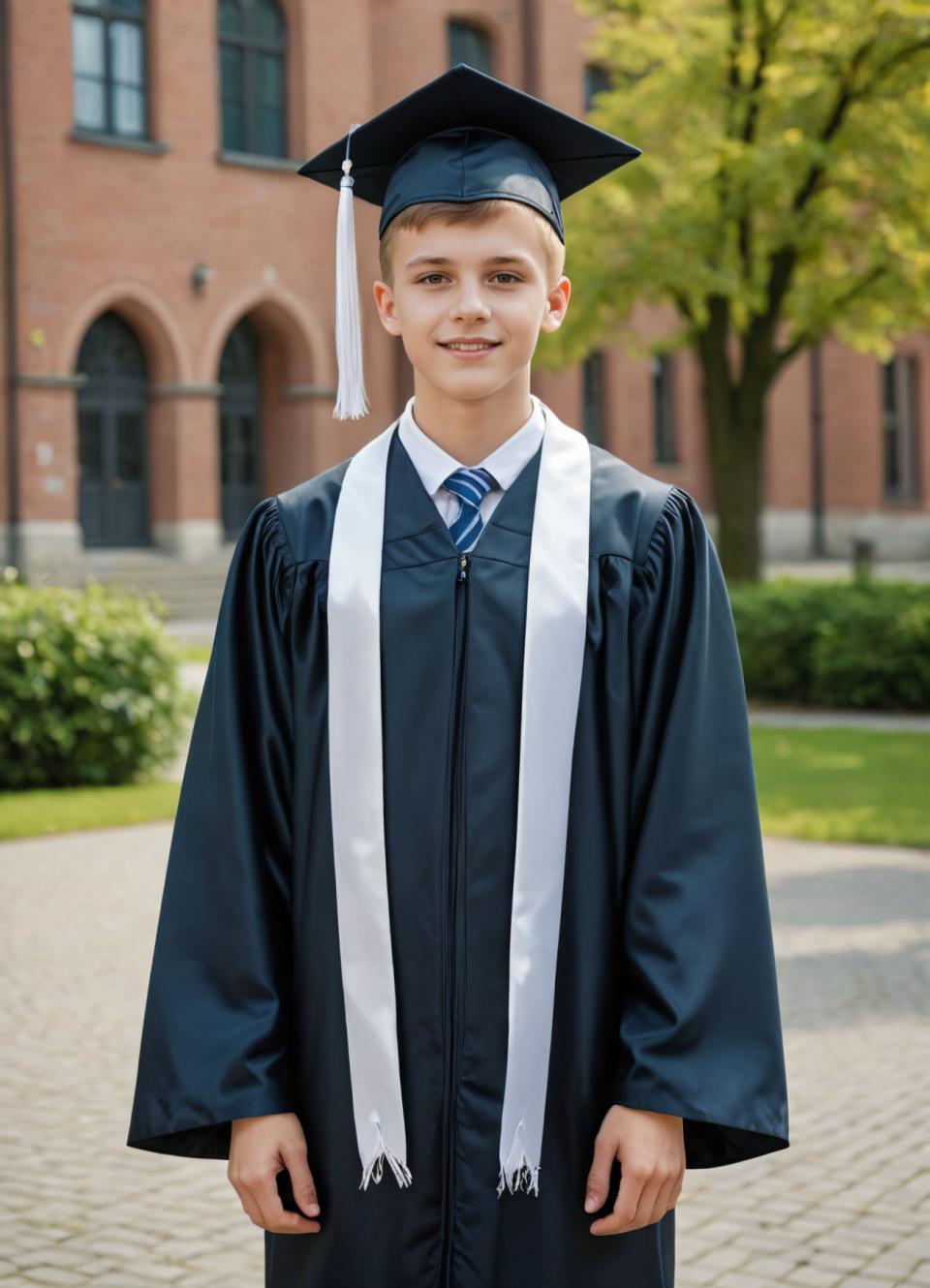 Arc Csere, Campus Style, Photographic Art , People, boy, campus style, 1boy, male focus, solo, hat, outdoors, looking at viewer, necktie, blurry, smile, blurry background, blue necktie, tree, long sleeves, blonde hair, day, realistic, short hair, scarf, parted lips, shirt, building, robe, collared shirt, standing, wide sleeves