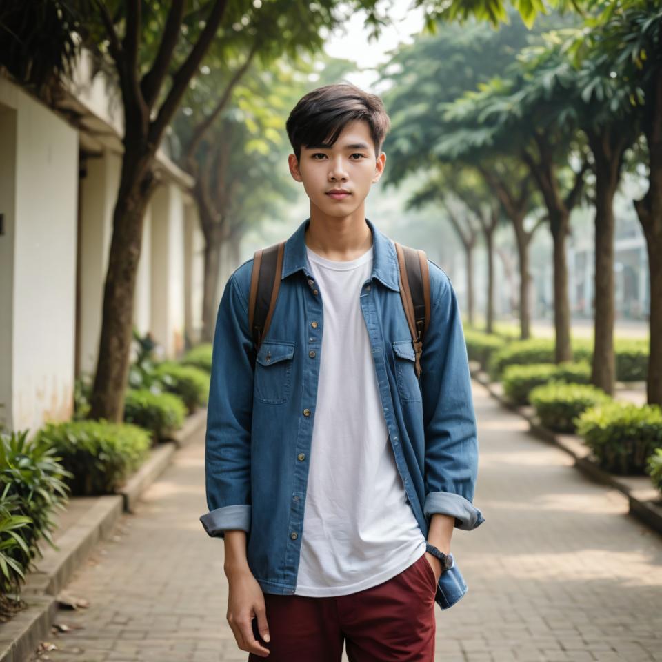 Face Swap, Campus Style, Photographic Art , People, boy, campus style, 1boy, solo, male focus, denim jacket, outdoors, pants, shirt, jacket, hand in pocket, black hair, tree, blurry, white shirt, looking at viewer, pocket, realistic, blurry background, day, short hair, open clothes, blue jacket, denim, standing, road, bag, black eyes, cowboy shot, watch, phone, open jacket