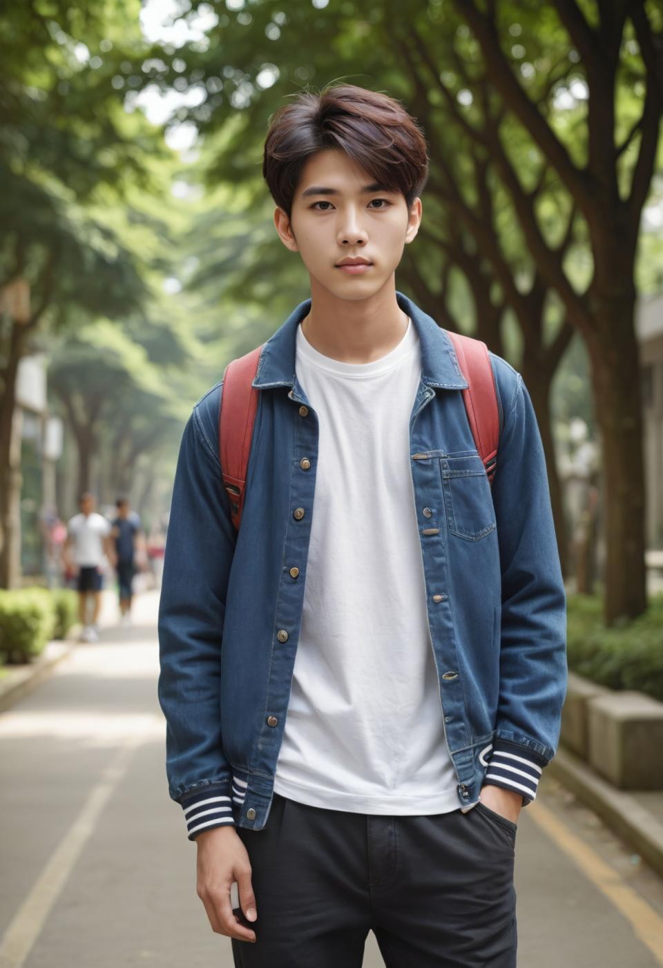 Face Swap, Campus Style, Photographic Art , People, boy, campus style, outdoors, shirt, pants, denim, blurry background, 1boy, denim jacket, realistic, tree, jacket, looking at viewer, male focus, blurry, brown hair, white shirt, short hair, bag, backpack, blue jacket, day, hand in pocket, jeans, brown eyes, black pants, road, solo focus, standing, open clothes, solo