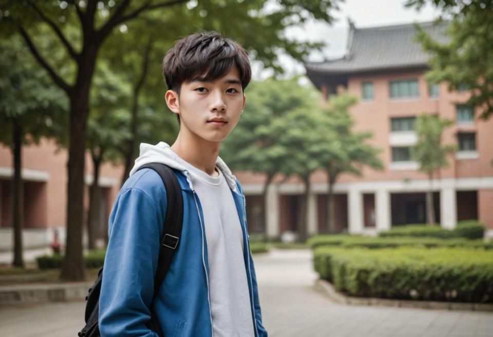 Face Swap, Campus Style, Photographic Art , People, boy, campus style, 1boy, male focus, solo, outdoors, backpack, tree, blurry, hood, hoodie, bag, blurry background, black hair, realistic, jacket, looking at viewer, white hoodie, upper body, day, building, hood down, black eyes, brown eyes, blue jacket, depth of field