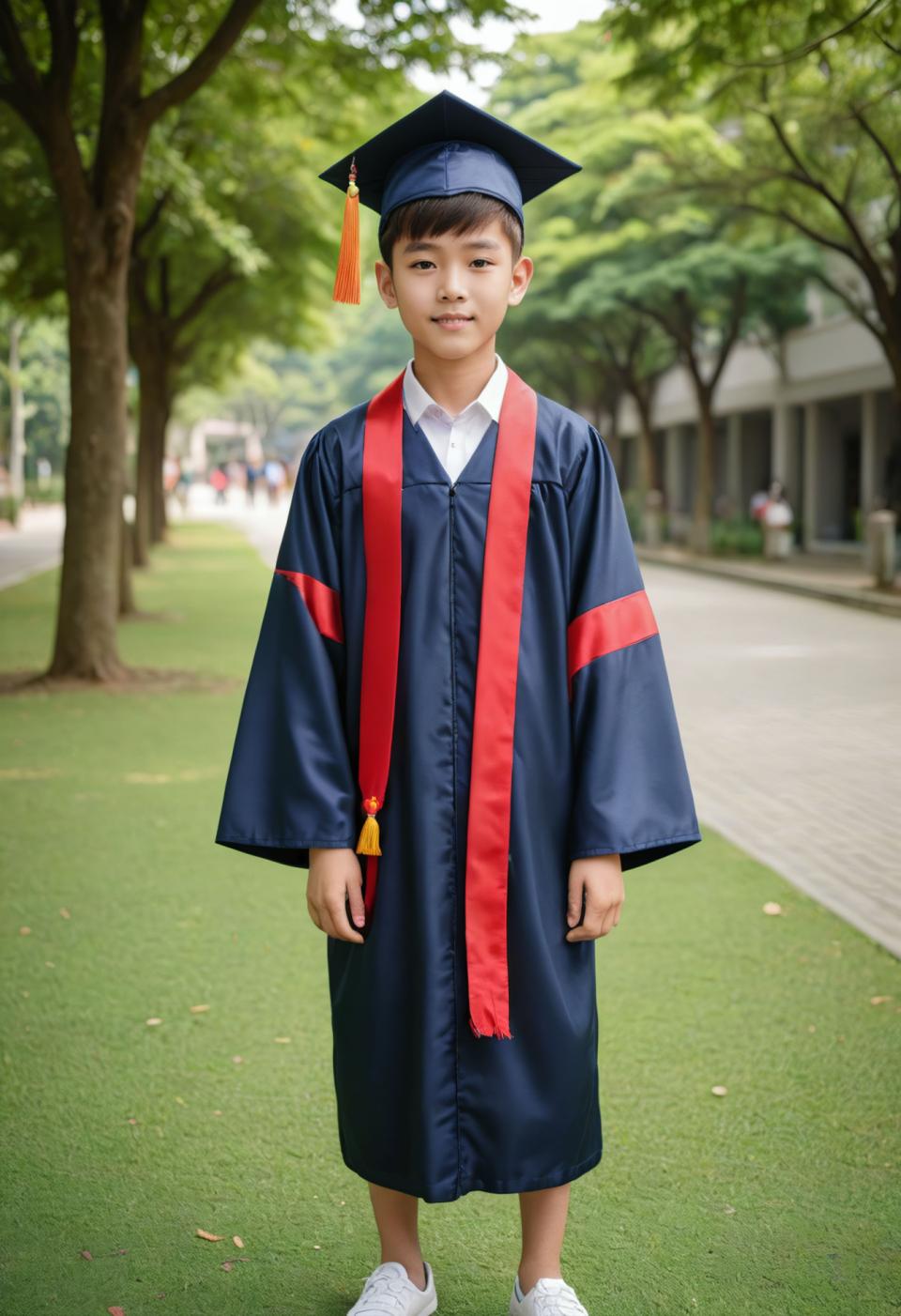 Arc Csere, Campus Style, Photographic Art , People, boy, campus style, 1boy, male focus, hat, outdoors, tree, white footwear, solo, looking at viewer, full body, standing, shoes, blurry, blurry background, long sleeves, black eyes, day, cosplay, brown hair, black hair, short hair, tassel