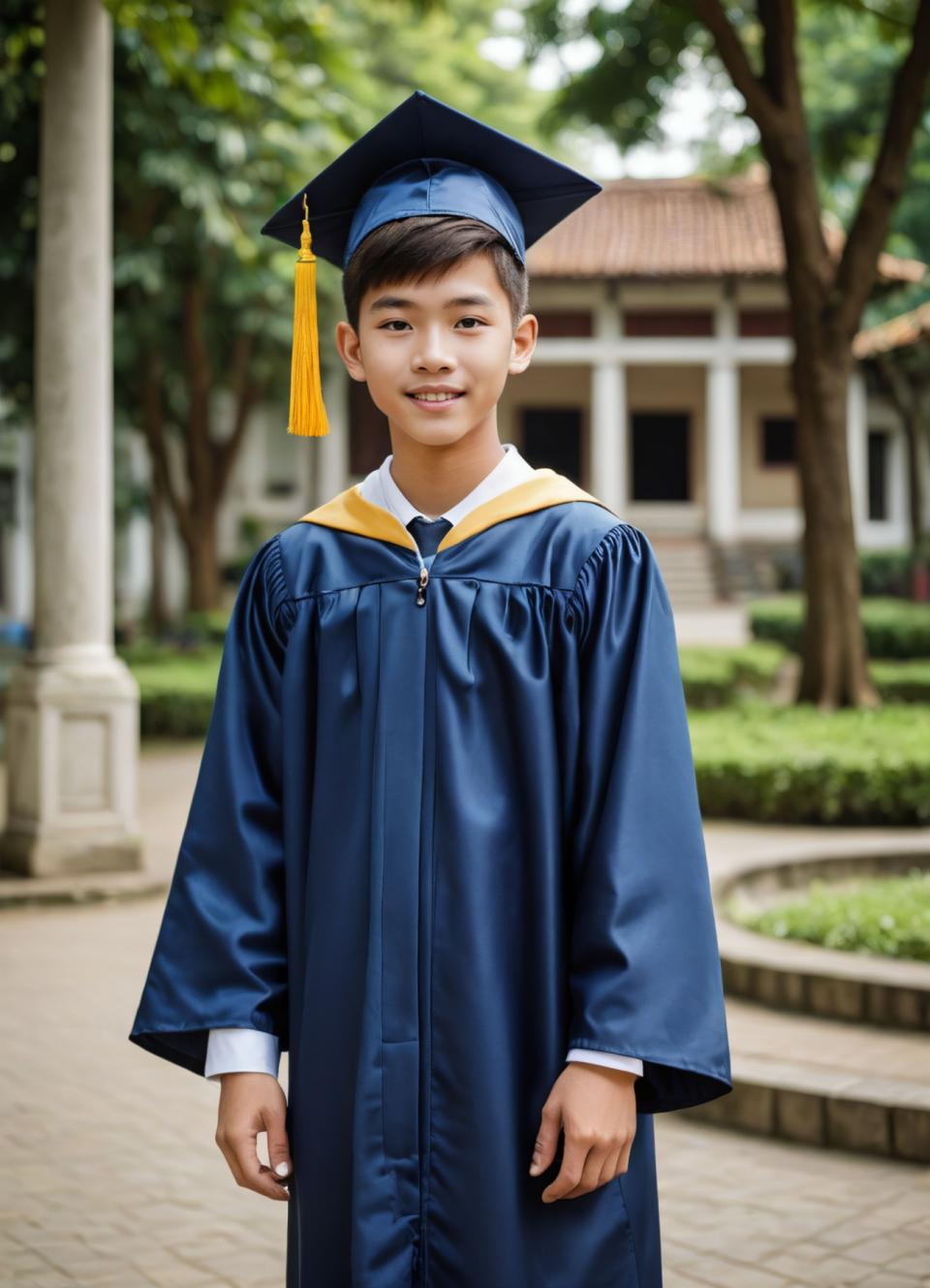 Face Swap, Campus Style, Photographic Art , People, boy, campus style, 1boy, solo, male focus, hat, outdoors, looking at viewer, blurry background, blurry, tree, blue headwear, smile, tassel, long sleeves, standing, day, cosplay, realistic, black hair, black eyes, brown hair, parted lips, photo background