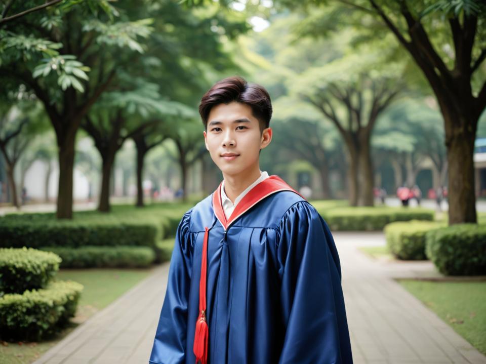 Arc Csere, Campus Style, Photographic Art , People, boy, campus style, tree, outdoors, blurry, 1boy, male focus, blurry background, solo, realistic, looking at viewer, day, korean clothes, road, upper body, brown eyes, black hair, smile, brown hair, depth of field, lips