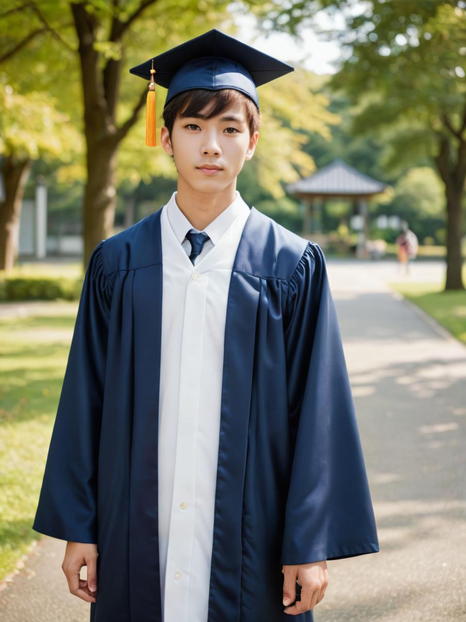 Face Swap, Campus Style, Photographic Art , People, boy, campus style, outdoors, 1boy, male focus, hat, blurry background, blurry, looking at viewer, tree, shirt, necktie, day, white shirt, blue headwear, collared shirt, long sleeves, short hair, standing, solo, black eyes, brown hair, realistic, black hair, closed mouth, blue necktie, arms at sides, wide sleeves, lips, depth of field