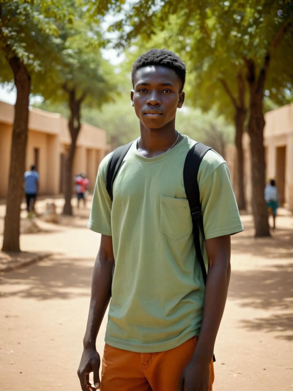 Face Swap, Campus Style, Photographic Art , People, boy, campus style, shirt, male focus, 1boy, outdoors, backpack, dark skin, blurry, black hair, looking at viewer, bag, dark-skinned male, blurry background, tree, day, shorts, white shirt, short sleeves, brown eyes, realistic, solo focus, t-shirt, cowboy shot, pants, standing, parted lips, bandaid, pocket