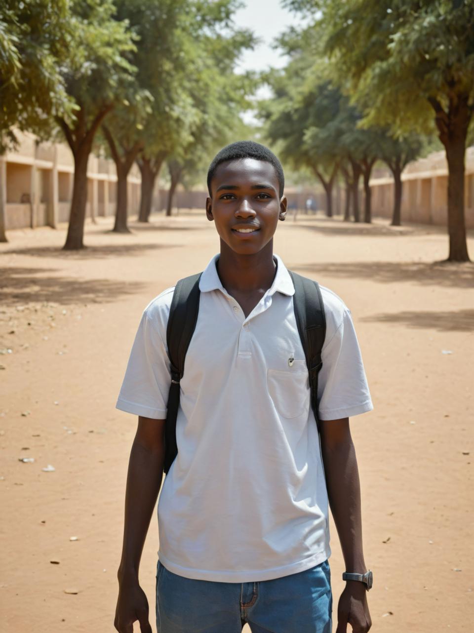 Arc Csere, Campus Style, Photographic Art , People, boy, campus style, 1boy, male focus, shirt, pocket, outdoors, solo, pants, denim, looking at viewer, smile, breast pocket, dark skin, tree, white shirt, jeans, wristwatch, day, dark-skinned male, watch, facial hair, collared shirt, realistic, bag, black hair, backpack, blurry background, blurry, jewelry, short sleeves, standing, bracelet, piercing