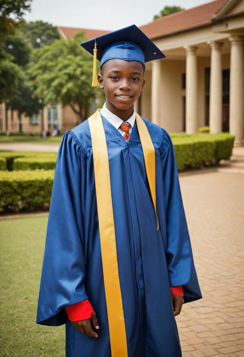 Face Swap, Campus Style, Photographic Art , People, boy, campus style, 1boy, solo, male focus, hat, dark skin, dark-skinned male, outdoors, smile, looking at viewer, photo background, blue headwear, necktie, standing, long sleeves, tree, cosplay, blurry background, blurry, day