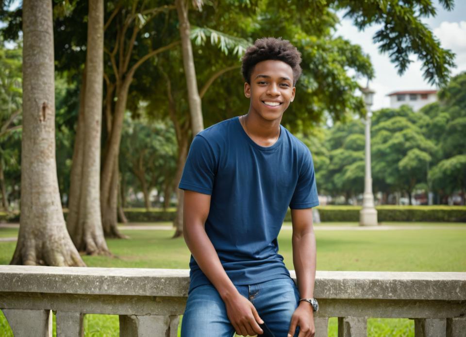 Arc Csere, Campus Style, Photographic Art , People, boy, campus style, male focus, 1boy, solo, realistic, smile, outdoors, tree, afro, shirt, grin, day, jewelry, closed eyes, bracelet, blurry, watch, pants, sky, dark skin, brown hair, wristwatch, blue shirt, denim, cloud