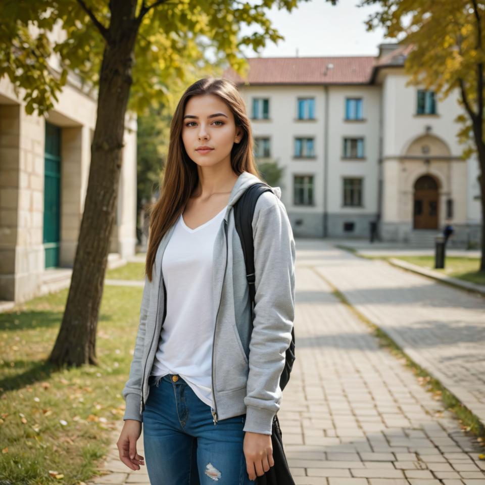 Gesichtstausch, Campus-Stil, Fotokunst, Menschen, Mädchen,Campus-Stil, 1Mädchen, Solo, Hose, draußen, braune Haare, Denim, langes Haar, Baum, zerrissene Kleidung, Jeans, realistisch, braune Augen, Tasche, zerrissene Hose, Jacke, zerrissene Jeans, Hemd, Haube, Blick auf den Betrachter, Tag, Rucksack, Gebäude, weißes Hemd, Lippen, verschwommen, Stehen