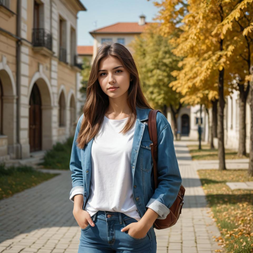 写真芸術,写真芸術, 人物, 女の子,キャンパススタイル, 1女の子, ソロ, 茶色の髪, パンツ, 屋外, デニム, ポケットに手を入れる, 長い髪, バッグ, シャツ, 現実的な, 白いシャツ, 木