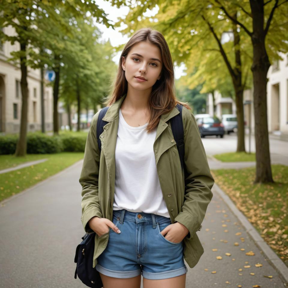 ภาพสมจริง,ภาพสมจริง, ประชากร, สาว,สไตล์มหาวิทยาลัย, 1สาว, กางเกงขาสั้น, เดี่ยว, กลางแจ้ง, ผมสีน้ำตาล