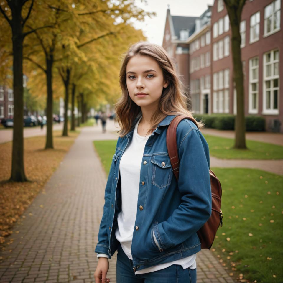 Échange de visage, Style Campus, Photoréalisme, Personnes, fille,style campus, 1fille, en plein air, arbre, pantalon, solo, jean, réaliste, chemise, cheveux bruns, veste, sac, veste en jean, main dans la poche, chemise blanche, regarder le spectateur, jour, route, debout, cheveux longs, flou, yeux marrons, jeans, bâtiment, sac à dos, poche, lèvres, arrière-plan flou, tir de cow-boy, rue, vêtements ouverts, manches longues, veste bleue, bouche fermée