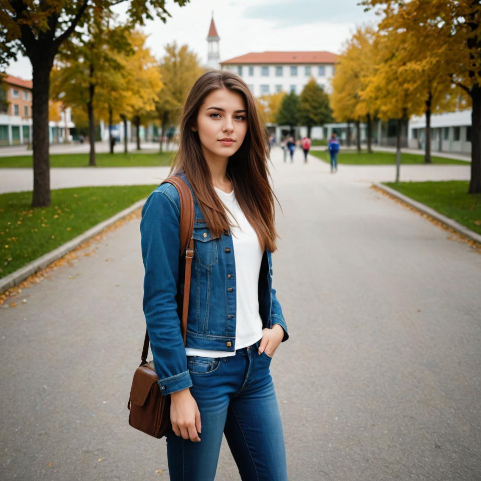 Photographic Art,Photographic Art , People, girl, campus style, 1girl, pants, outdoors, brown hair, denim