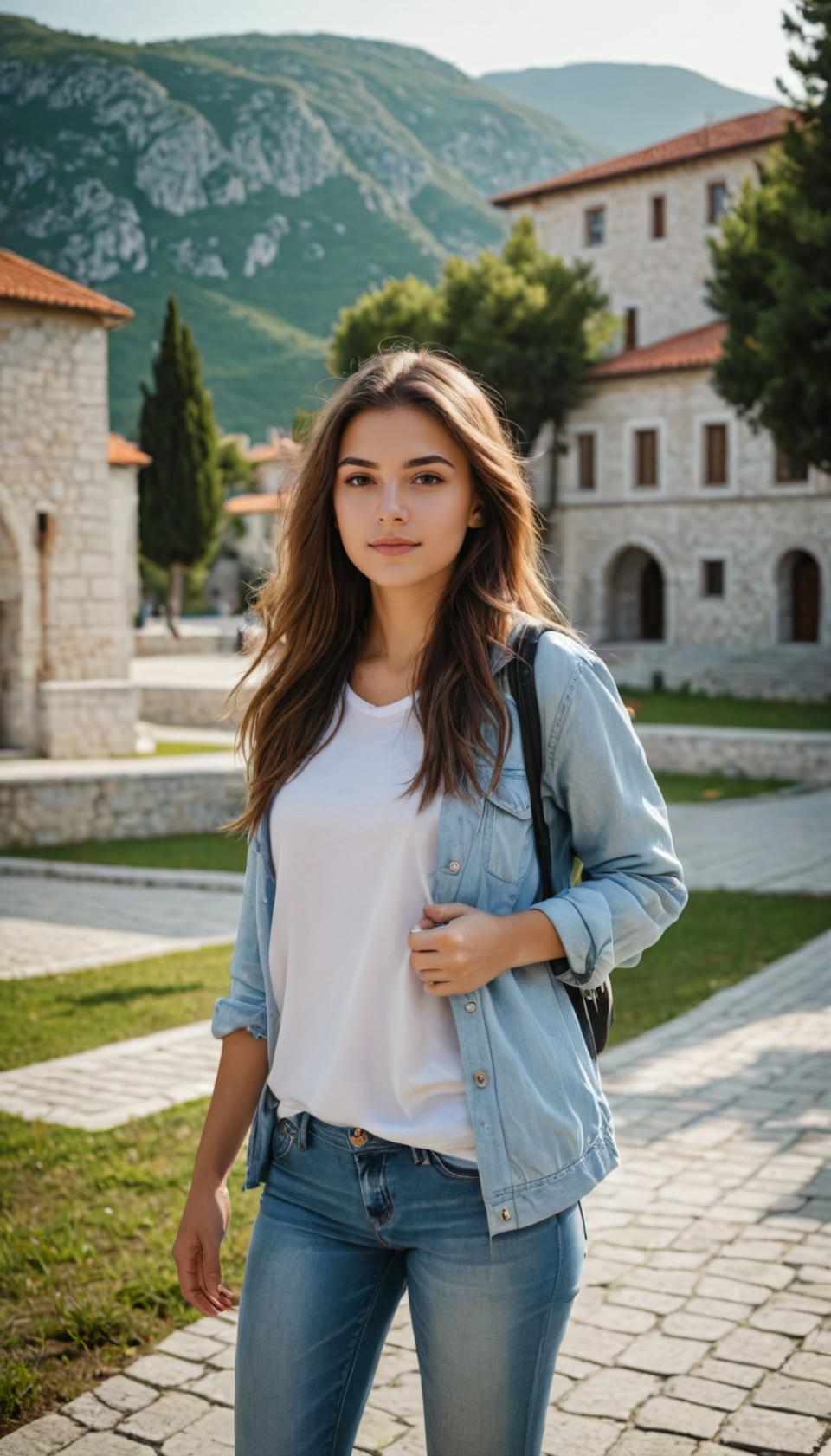 Photographic Art,Photographic Art , People, girl, campus style, 1girl, solo, pants, outdoors, denim