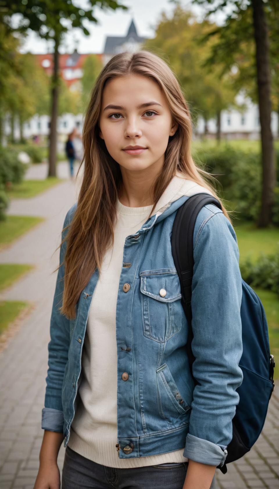 写真芸術,写真芸術, 人物, 女の子,キャンパススタイル, 1女の子, ソロ, デニム, 屋外, パンツ, 長い髪, 現実的な, バッグ, デニムジャケット, 視聴者を見ている, 茶色の髪, ジャケット, 木