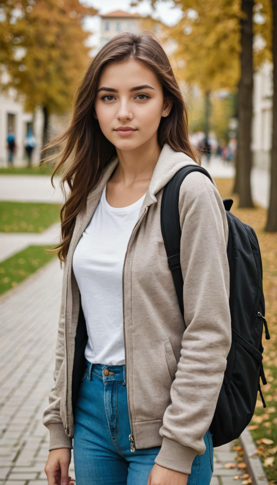 Arc Csere, Campus Style, Photographic Art , People, girl, campus style, 1girl, solo, pants, brown hair, backpack, denim, bag, long hair, outdoors, jacket, jeans, shirt, brown eyes, white shirt, realistic, looking at viewer, blurry background, photo background, blurry, lips, tree, blue pants, standing, breasts, hood, medium breasts