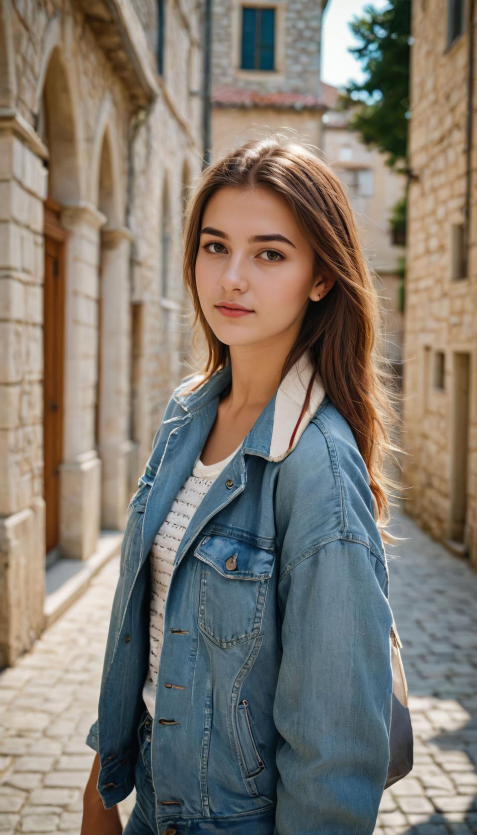 Photographic Art,Photographic Art , People, girl, campus style, 1girl, solo, brown hair, denim jacket