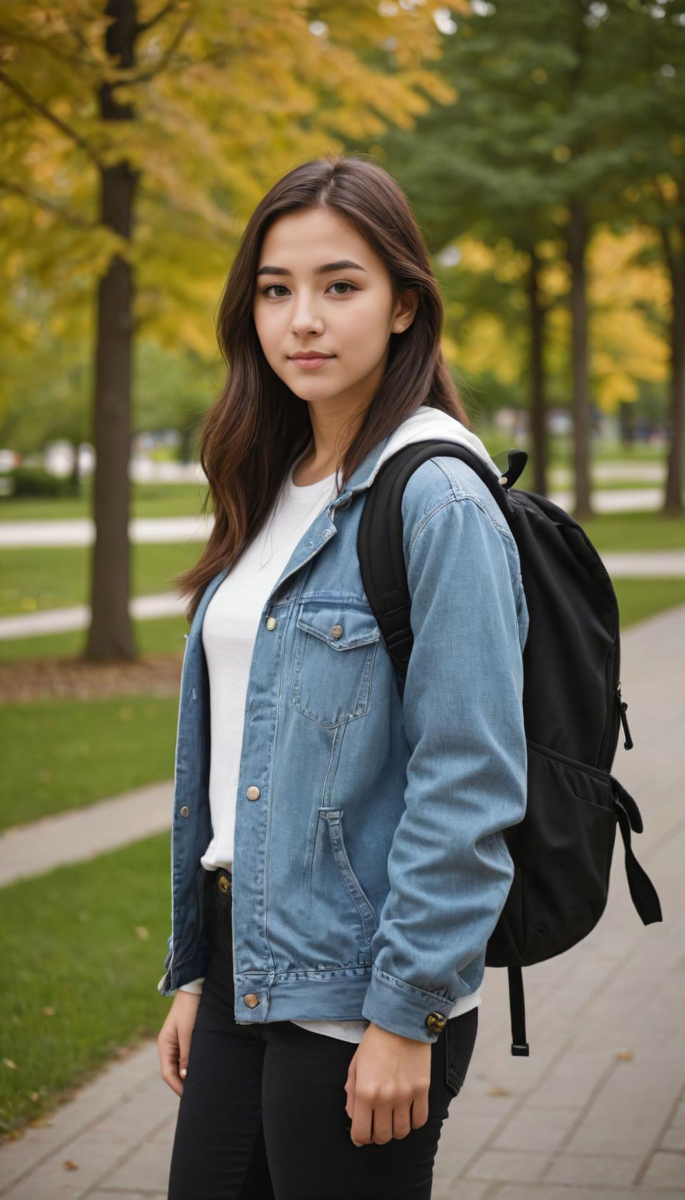 Photographic Art,Photographic Art , People, girl, campus style, 1girl, solo, brown hair, backpack, denim