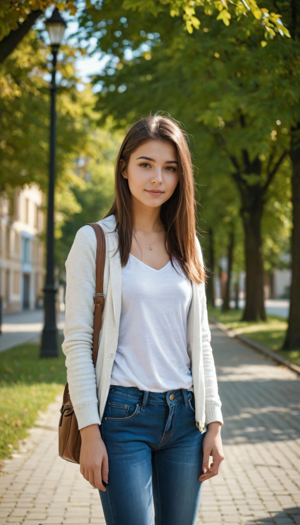 Échange de visage, Style Campus, Photoréalisme, Personnes, fille,style campus, 1fille, solo, en plein air, pantalon, cheveux bruns, jean, sac, jeans, arbre, cheveux longs, réaliste, chemise, bijoux, yeux marrons, collier, chemise blanche, veste, regarder le spectateur, flou, jour, arrière-plan flou, debout, pantalon bleu, bras sur les côtés, lèvres, sac à main, sac à bandoulière, veste blanche