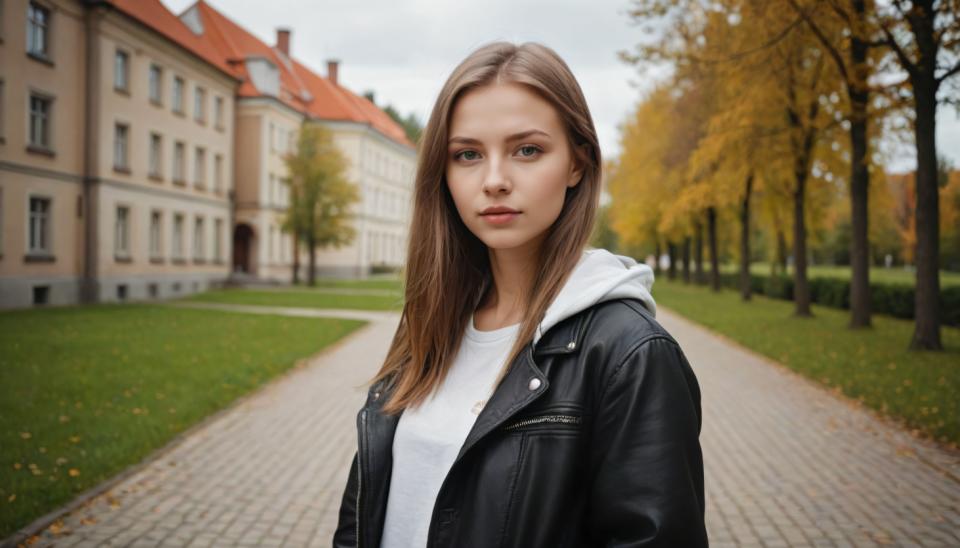 Photographic Art,Photographic Art , People, girl, campus style, 1girl, solo, outdoors, brown hair, jacket