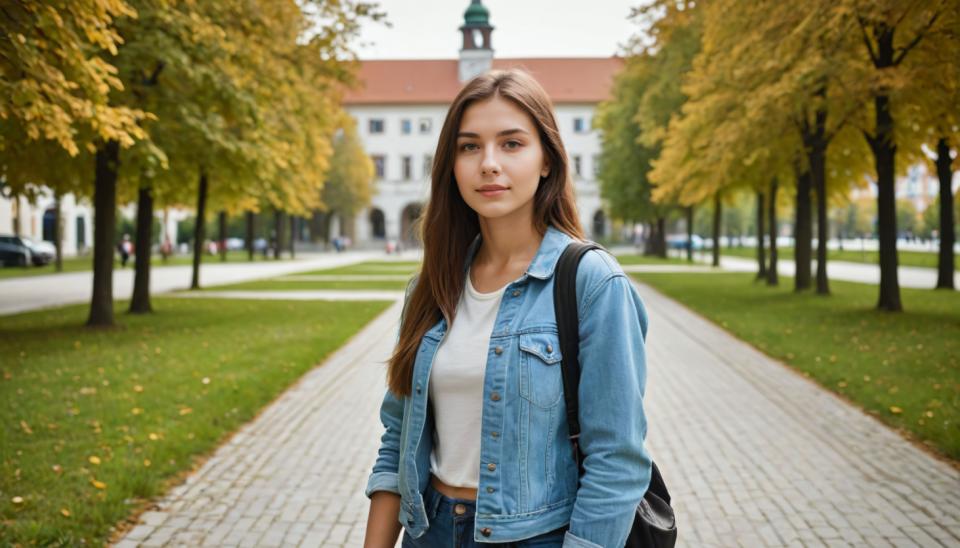 Kasvovaihto, Kampuksen tyyli, Valokuvataide, Ihmiset, tyttö,kampuksen tyyliin, 1 tyttö, ruskeat hiukset, ulkona, denim, pitkät hiukset, yksin, puu, denim takki, laukku, paita, ruskeat silmät, realistinen, valkoinen paita, katsojaa katsomassa, takki, valokuvan tausta, housut, farkut, sininen takki, tie, huulet, päivä