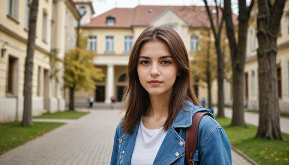 Face Swap, Campus Style, Photographic Art , People, girl, campus style, 1girl, denim jacket, brown hair, outdoors, realistic, brown eyes, jacket, tree, looking at viewer, long hair, denim, solo, shirt, blue jacket, blurry background, blurry, road, day, white shirt, lips, building, upper body, bag