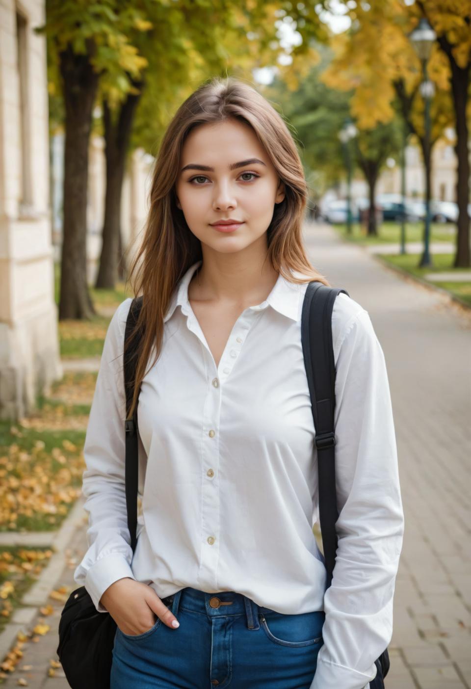 Photographic Art,Photographic Art , People, girl, campus style, 1girl, solo, shirt, outdoors, bag, pants