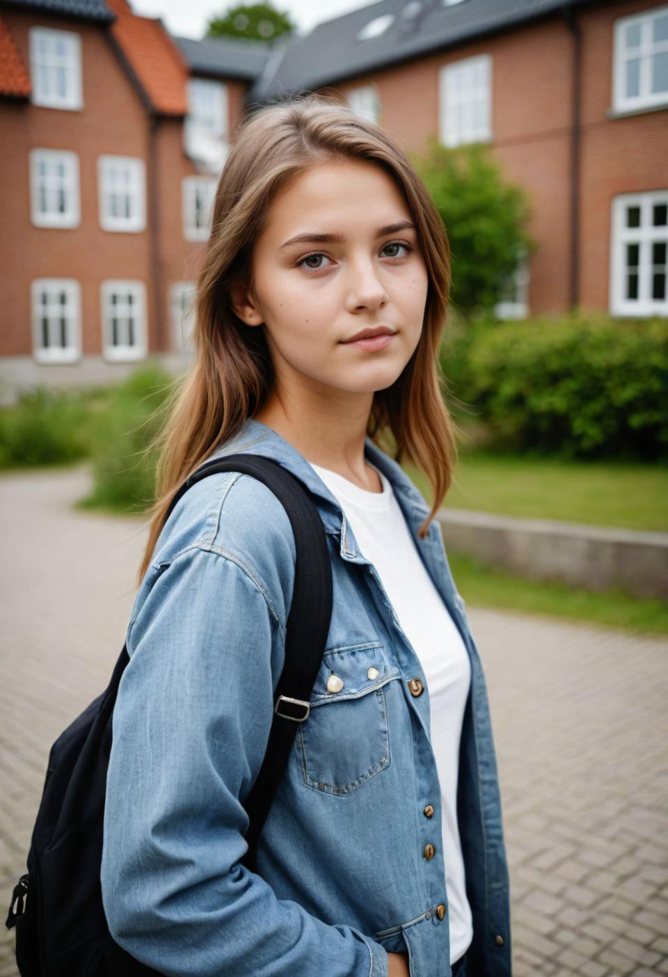 Photographic Art,Photographic Art , People, girl, campus style, 1girl, solo, outdoors, denim jacket, bag