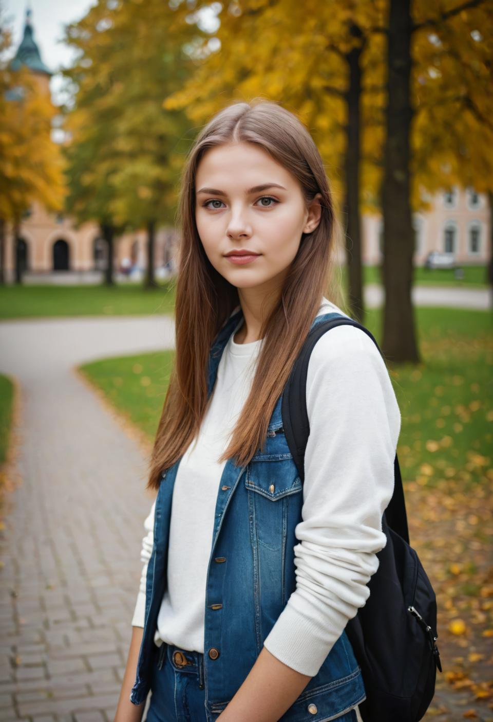 Arc Csere, Campus Style, Photographic Art , People, girl, campus style, 1girl, solo, outdoors, bag, backpack, brown hair, denim, realistic, long hair, shirt, looking at viewer, tree, white shirt, blurry background, sleeves rolled up, blurry, autumn, pants, brown eyes, lips, day, jeans, autumn leaves, photo background