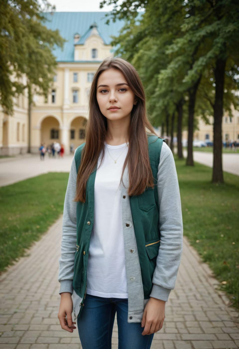 Photographic Art,Photographic Art , People, girl, campus style, 1girl, pants, brown hair, outdoors, denim