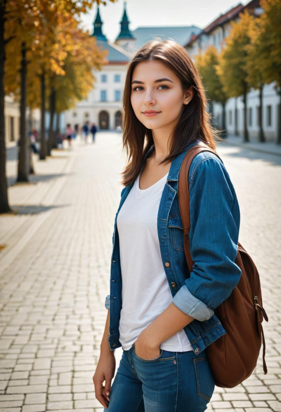 Photographic Art,Photographic Art , People, girl, campus style, 1girl, outdoors, bag, pants, brown hair