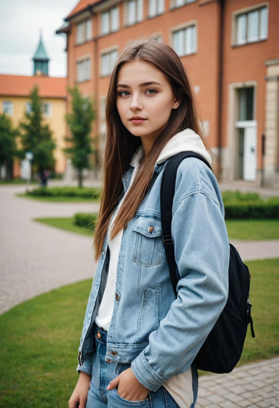 Photographic Art,Photographic Art , People, girl, campus style, 1girl, solo, outdoors, brown hair, long hair