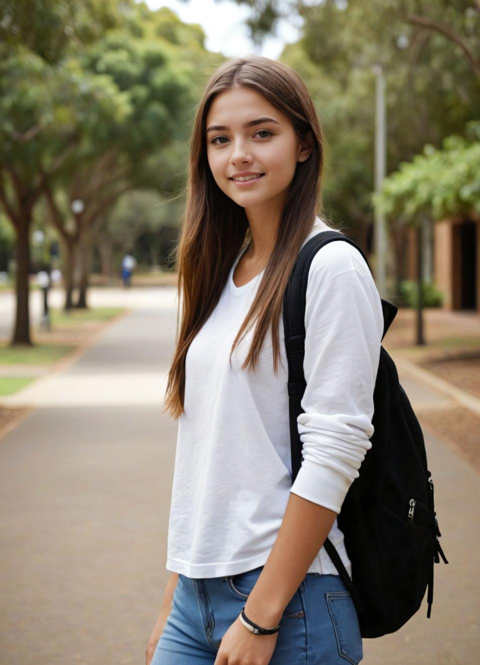 Arc Csere, Campus Style, Photographic Art , People, girl, campus style, 1girl, bag, brown hair, backpack, realistic, solo, long hair, pants, denim, outdoors, tree, jeans, smile, shirt, looking at viewer, brown eyes, blurry, bracelet, blurry background, day, white shirt, jewelry